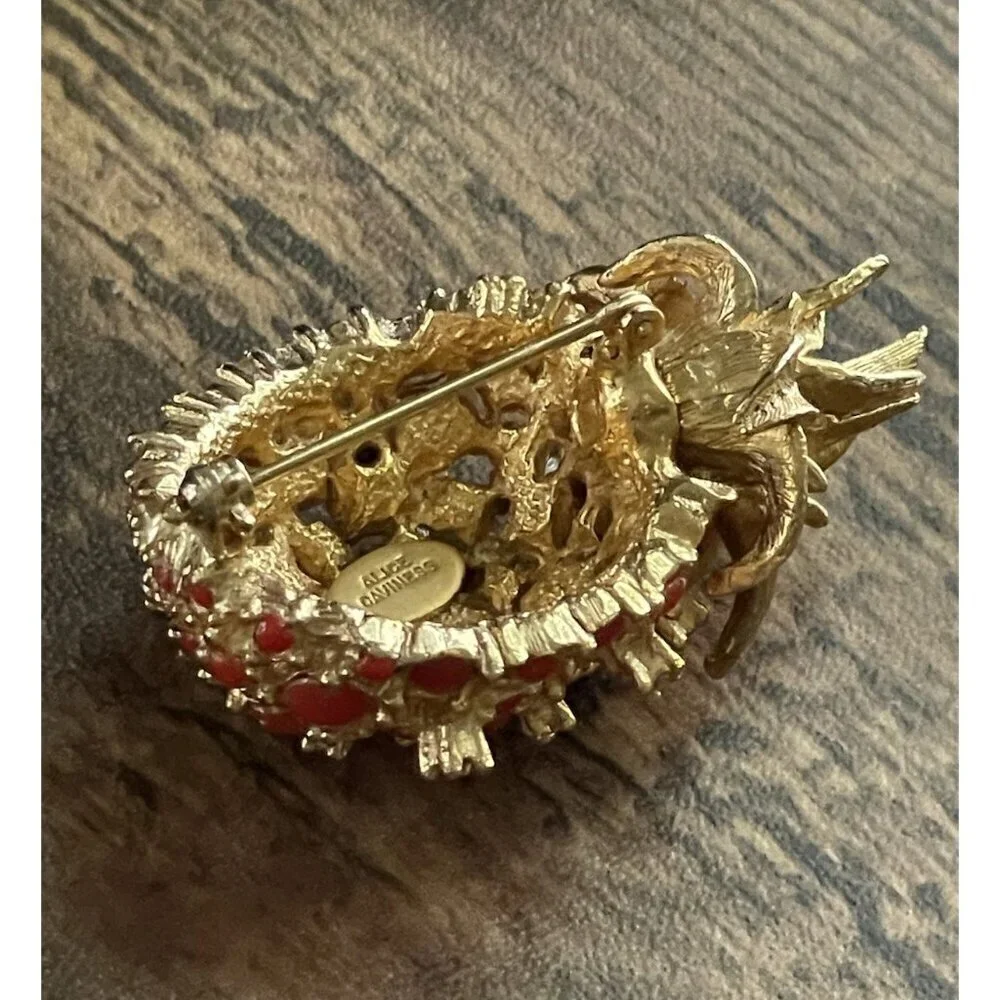 Vintage Alice Caviness Pineapple Brooch Gold Tone Faux Coral Rhinestone Pin